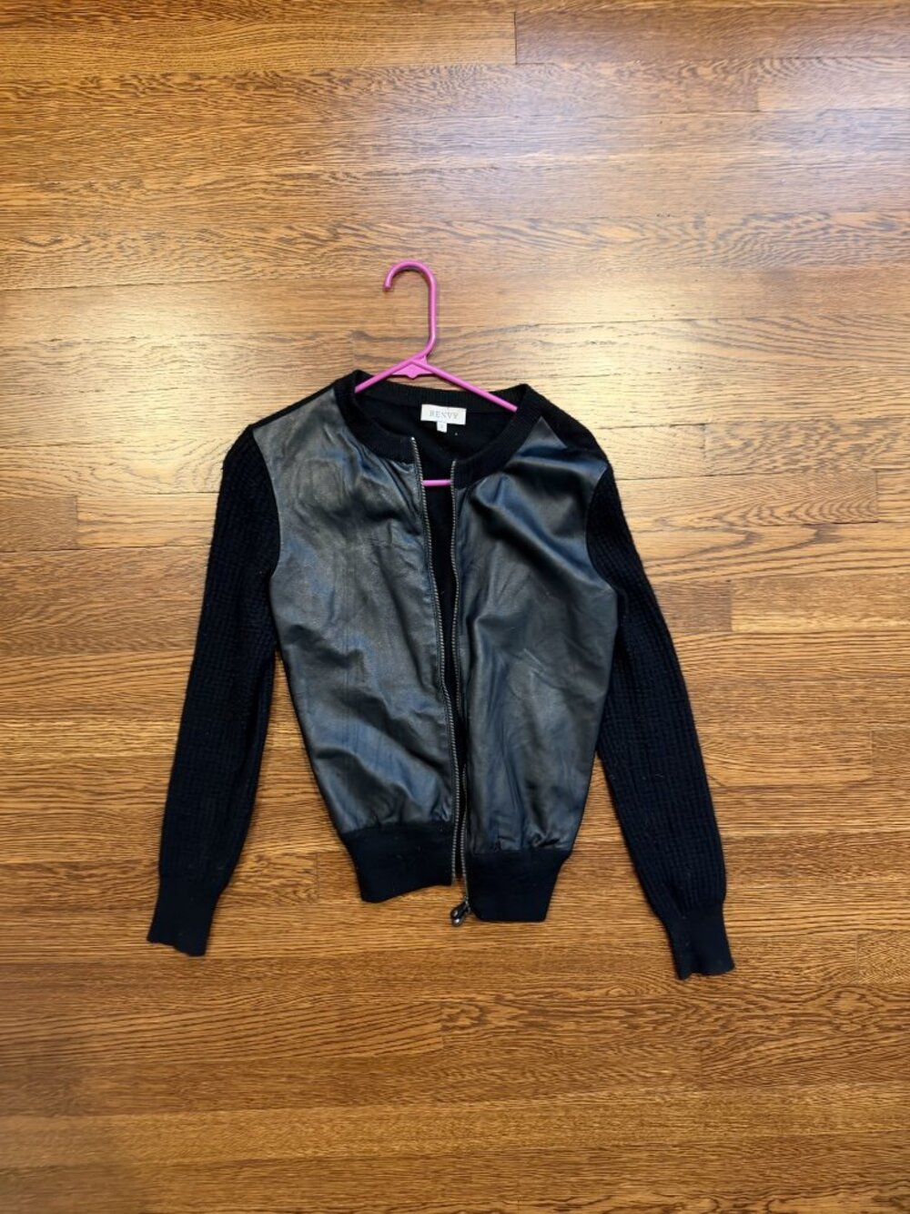 Renvy Black Leather-Look Knit Bomber Jacket Front Zip Size S